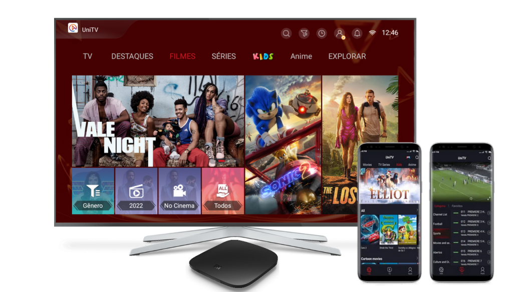 Tela de televisão exibindo o aplicativo unitv recarga oficial com diversas categorias de filmes, séries e animações, acompanhado de smartphones mostrando o conteúdo da plataforma.